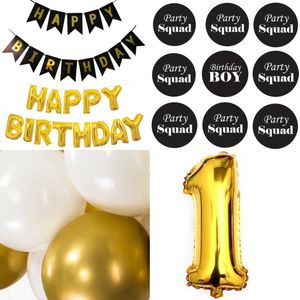24-delige Happy Birthday decoratie set 1 met slingers, ballonnen en buttons zwart met goud en wit - cakesmash - ballonnen - slinger - decoratie - verjaardag - birthday