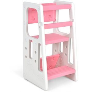 COSTWAY Kinderkeuken opstapkrukje met dubbele veiligheidsleuningen, kleuter leerkrukje met 3 instelbare hoogtes en anti-slip Pootdoppen, kleutertoren voor aanrecht en badkamer (roze)