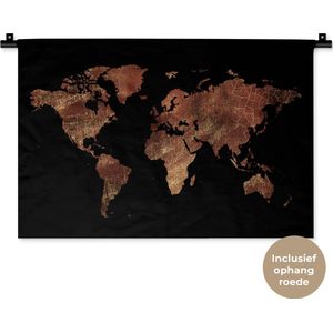 Wandkleed WereldkaartenKerst illustraties - Wereldkaart in roodbruin met zilverkleurige structuur op zwarte achtergrond Wandkleed katoen 60x40 cm - Wandtapijt met foto