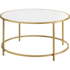 Ronde salontafel, woonkamertafel met houten plank en gouden stalen frame, eenvoudige montage, moderne stijl, goud en wit
