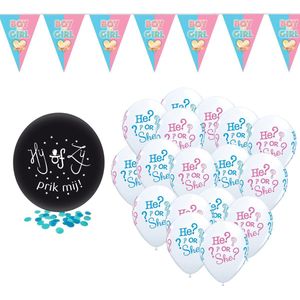 Gender reveal party versieringen pakket geboorte jongen grote prik-ballon/ballonnen he or she/vlaggetjes