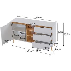 Modern wit sideboard met inlegborden, 3 schuurladen en open opbergruimte, 140 x 40 x 80,5 cm, met anti-kanteldesign – geschikt voor keuken, eetkamer en woonkamer