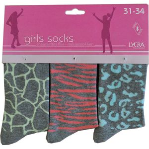 Meisjes sokken - katoen 6 paar - beasty - maat 23/26 - assortiment grijs kleuren print - naadloos