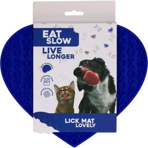 Eat Slow Live Longer Likmat Hartvormig - 19 x 23 cm - Anti-schrok Mat - Slowfeeder - Snuffelmat - 100% siliconen - Vaatwasserbestendig - Voor Hond of Kat - Blauw