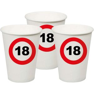 Verjaardagsfeest leeftijd bekertjes 18 jaar - 24x stuks - papier - thema leeftijd stopbord