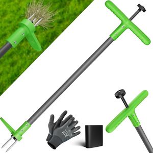 KESSER® Onkruidsteker met steel, onkruidverwijderaar met T-greep en voetpedaal, tuingereedschap, efficiënt verwijderen van onkruid, 3 stalen tanden en springveer, wortelverwijderaar met handschoenen