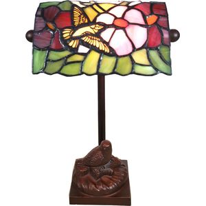 HAES DECO - Tiffany Tafellamp 15x15x33 cm Groen Roze Glas Vogel Tiffany Bureaulamp Tiffany Lampen Glas in Lood