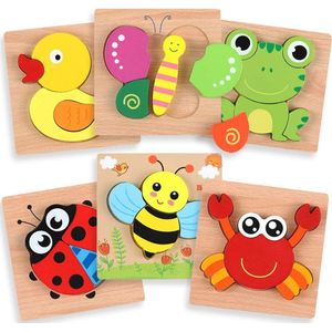 Houten Kinderdierenpuzzels - Kinderpuzzel - Educatief Montessori Leerspeelgoed met 6 Dierenpatronen en Levendige Kleurvormen voor Jongens en Meisjes - Speelgoed voor kinderen 1-4 jaar Legpuzzel