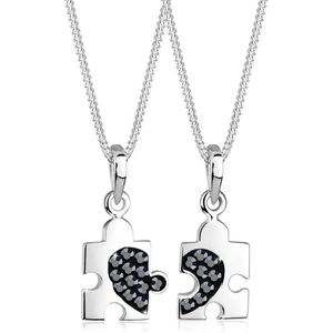 Elli Dames Halsketting Dames Puzzelstukjes Hanger Partner Ketting met Zwarte Kristallen in 925 Sterling Zilver