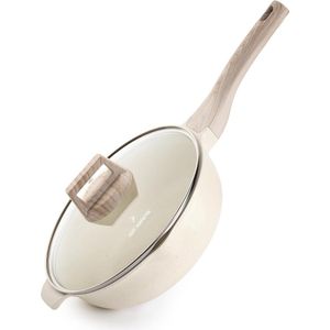 Wokpan Met Deksel - 24 Cm - Wokpan Inductie Pan Met Anti-Aanbaklaag - Diepe Braadpan Voor Alle Warmtebronnen, Inclusief Inductie - PFOA PFAS Vrij - Softtouch Koudgreep - Beige