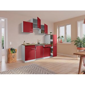 Goedkope keuken 180  cm - complete kleine keuken met apparatuur Luis - Wit/Rood - keramische kookplaat  - koelkast  - mini keuken - compacte keuken - keukenblok met apparatuur