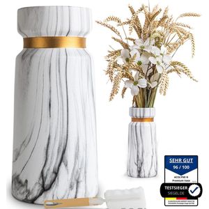 Vaas voor pampasgras van hoogwaardig keramiek [met reinigingsspons & e-book] als moderne bloemenvaas in wit-gouden bodemvaas, groot in marmerlook