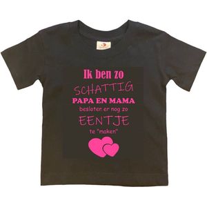 Shirt Aankondiging zwangerschap Ik ben zo schattig papa en mama besloten er nog zo eentje te ""maken"" | korte mouw | zwart/roze | maat 122/128 zwangerschap aankondiging bekendmaking