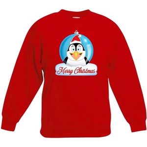 Kersttrui Merry Christmas pinguin kerstbal rood jongens en meisjes - Kerstruien kind 152/164