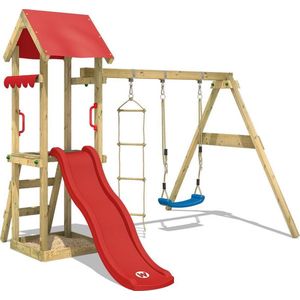 WICKEY speeltoestel klimtoestel TinyCabin met schommel & rode glijbaan, outdoor klimtoren voor kinderen met zandbak, ladder & speelaccessoires voor de tuin