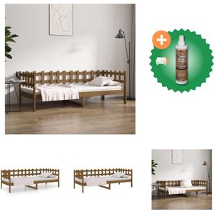 vidaXL Logeerbed - Massief grenenhout - 3-zijdig bedhek - Gelat ontwerp - Veelzijdig bed - Extra opbergruimte - Honingbruin - 203.5 x 86 x 68.5 cm (L x B x H) - Geschikte matras- 80 x 200 cm (B x L) - Bed - Inclusief Houtreiniger en verfrisser