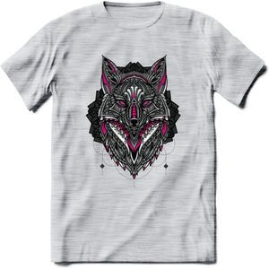 Vos - Dieren Mandala T-Shirt | Roze | Grappig Verjaardag Zentangle Dierenkop Cadeau Shirt | Dames - Heren - Unisex | Wildlife Tshirt Kleding Kado | - Licht Grijs - Gemaleerd - L