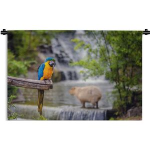 Wandkleed Diep in de jungle - Blauwgele ara en capibara Wandkleed katoen 60x40 cm - Wandtapijt met foto