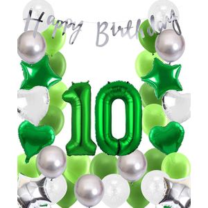 Snoes Ballonnen 10 Jaar Wit Groen Zilver Mega Ballon - Compleet Feestpakket 10 Jaar - Verjaardag Versiering Slinger Happy Birthday – Folieballon – Latex Ballonnen - Helium Ballonnen