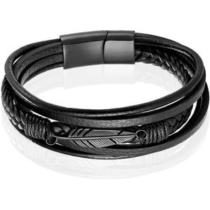 Mendes Jewelry Heren Armband - Stoer Zwart Leder met Bladvormige Stalen Bedel - Zwart-23cm