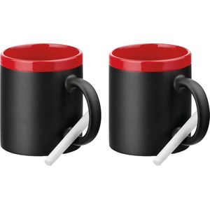 Luxe krijt koffiemok/beker - 2x - rood/zwart - keramiek - met krijt te beschrijven - 350 ml - Eigen naam