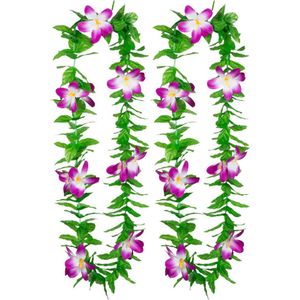 Toppers - Boland Hawaii krans/slinger - 2x - Tropische kleuren mix groen/paars - Bloemen hals slingers
