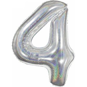 Folie Ballon Cijfer 4 Jaar Zilver Glitter Verjaardag Versiering Helium Ballonnen Feest Versiering Met Rietje - 86Cm