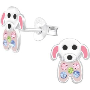 Zilveren kinderoorbellen hond multi kristal | Oorknopjes hondje Meisje Zilver | Zilverana | Sterling 925 Silver
