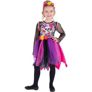 Smiffy's - Spaans & Mexicaans Kostuum - Day Of The Dead Scarlett - Meisje - Paars, Roze - Medium - Halloween - Verkleedkleding