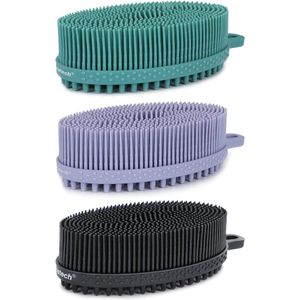 FREATECH Siliconen Lichaamsborstel - Dubbelzijdige Doucheborstel voor Zachte Exfoliatie, Diepe Reiniging en Intensieve Massage, Zorg voor de Gevoelige Huid, Zwart & Lavendel & Groen