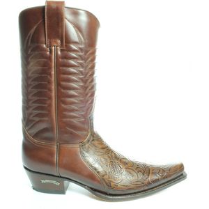 Sendra Boots 5907 Bruin Heren Cowboy Western Laarzen Handgemaakt Reliëf Bloemmotief Verkort Spitse Neus Iets Schuine Hak Rechte Schacht Pull Loops Echt Leer Maat 42