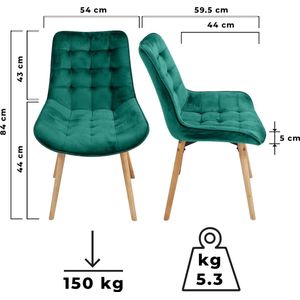 Eetkamerstoel - Eetkamerstoelen - Eetkamerstoel met armleuning - Stoelen - Gestoffeerde stoel - 6 kg - Fluweel - Groen - 54 x 59.5 x 84 cm