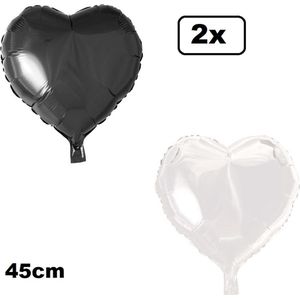 2x Folieballon Hart zwart en wit (45 cm) - trouwen huwelijk bruid hartjes ballon feest festival liefde white