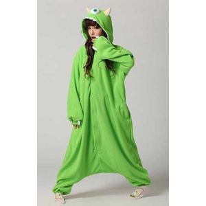 KIMU Onesie Groen Monstertje Pak - Maat S-M - 158 164 Monster Kostuum Alien Monsterpak Monsters Volwassenen Dames Heren Fleece Mike Huispak Carnaval Carnavalspak