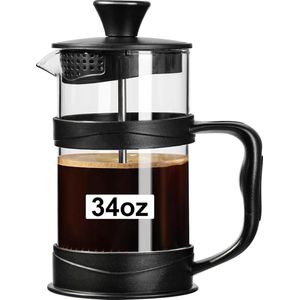 French Press Koffiezetapparaat 1000 ml, koffiepers gemaakt van roestvrij stalen filter en hittebestendig glas, Cold Brew koffiezetapparaat, goed als cadeau voor op reis en thuis (1000 ml zwart)