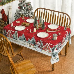 Kerst tafellinnen 130 x 220 cm, sneeuw bomen huis rood tafelkleed voor feest picknick diner decor