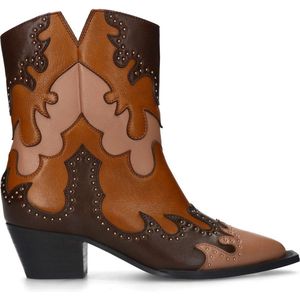 Sacha - Dames - Cognac leren western enkellaarsjes met sierstiksels - Maat 42