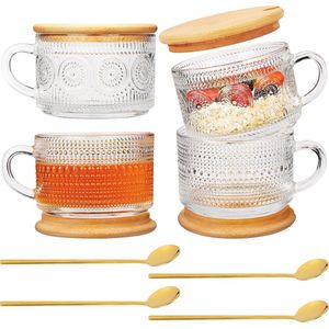Set van 4 Doorzichtige Glazen Koffiemokken met Bamboe Deksels en Lepels - Multifunctionele Mok voor Koffie, Thee en Meer - 450 ml