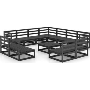 vidaXL Loungeset 12-delig - Zwart - Massief Grenenhout Tuinmeubel - Lounge Set - Houten Bank - Zwarte Loungestoel - Buitendiner