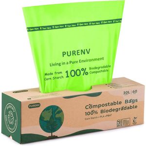 Composteerbare Vuilniszak 30L - 100% Biologisch Afbreekbaar, Sterke Bin Liners met 60 Tellingen