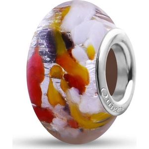Quiges - Glazen - Kraal - Bedels - Beads Zilver met Rood Geel Witte Vlokjes Past op alle bekende merken armband NG827