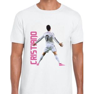 CR7 Uniseks T-Shirt - wit text roze- Maat XL - Korte mouwen - Ronde hals - Normale pasvorm - Cristiano ronaldo - Voetbal - Voor mannen & vrouwen - Kado - Veldman prints & packaging