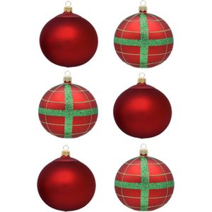 Chique Rode Kerstballen met klassieke groene en gouden glitter ruit en effen mat rood - Doosje met 6 glazen kerstballen
