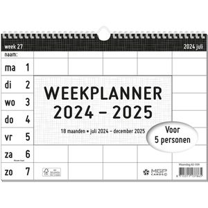 MGPcards - Weekplanner 2024-2025 - 18 maanden - Kalender - Familie planner - Wire O - 27 x 24,5 cm - 5 personen