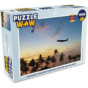 Puzzel Silhouet van een vliegtuig boven de palmen - Legpuzzel - Puzzel 1000 stukjes volwassenen