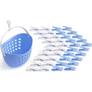 Wasknijpers Zachte Clips met Mand (40 Stuks met Mand, Lichtblauw/Wit/Wit/Lichtblauw, Mand Lichtblauw, Handvat Wit)