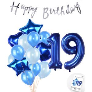 Snoes Ballonnen 19 Jaar Feestpakket – Versiering – Verjaardag Set Mason Blauw Cijferballon 19 Jaar - Heliumballon