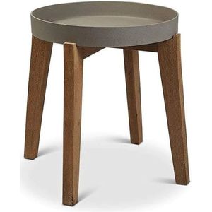 Bijzettafel rond Anco sandstone S lichtgrijs met acacia houten poten B 51 x D 51 x H 45 - voor binnen en buiten - met zelf te boren Afwateringsgat - Bloempotten - Plantenbak - Plantenpot - Tuinbalkon - Vierkante meter tuin - Plantentafel