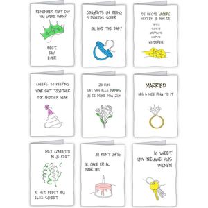 Set wenskaarten voor feestjes - 10 grappige wenskaarten met enveloppen - verjaardag, huwelijk, geboorte, housewarming, geboorte, vaderdag, moederdag