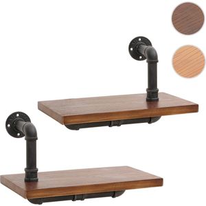 Set van 2 wandplanken MCW-N29, hangende plank boekenkast, 3D structuur industrieel staal massief hout 29x45x25cm ~ bruin